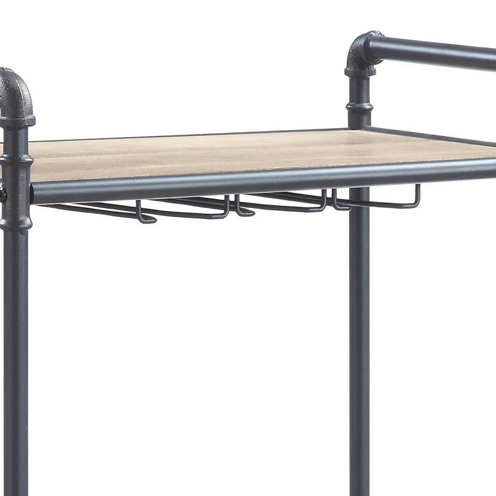 Coleen 3 Tier Wine Rack, Wood Shelves, Gray Industrial Metal Pipes 46 Inch - BM350826