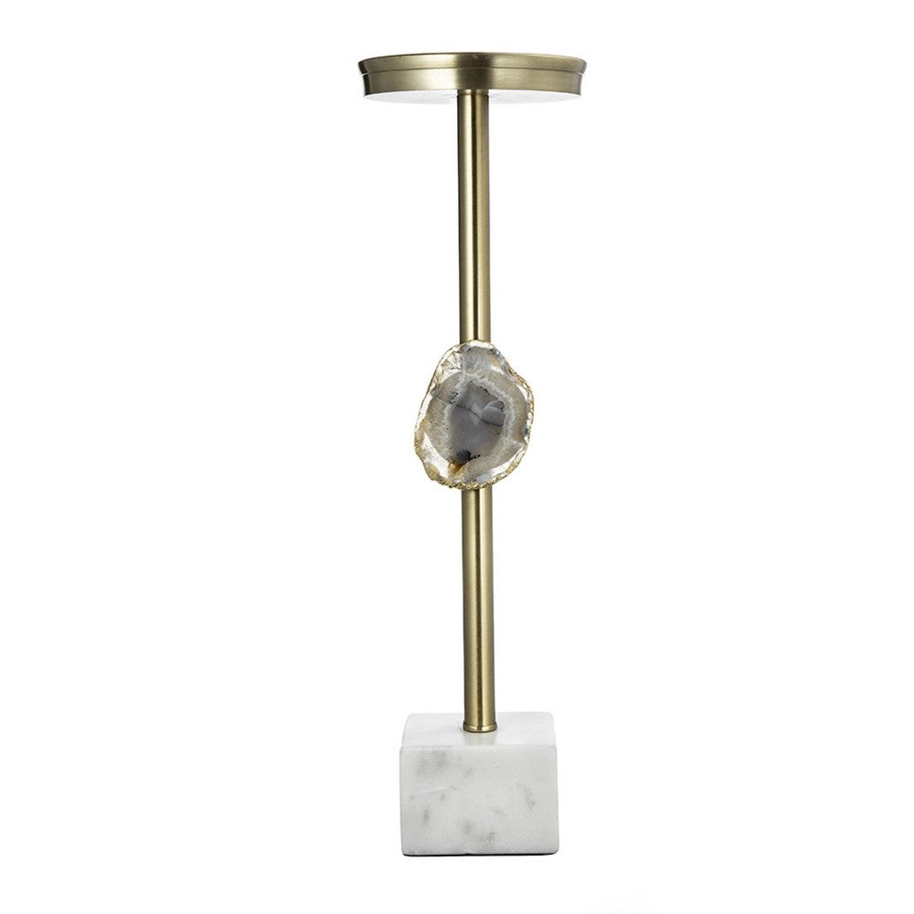 Pillar Candle Holder with Gold Stem, Embedded Agate Stone, 15 Inch White - BM350843