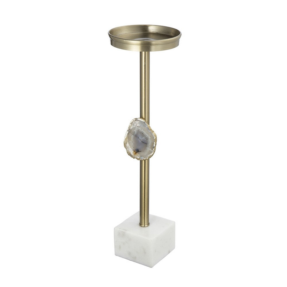 Pillar Candle Holder with Gold Stem, Embedded Agate Stone, 15 Inch White - BM350843