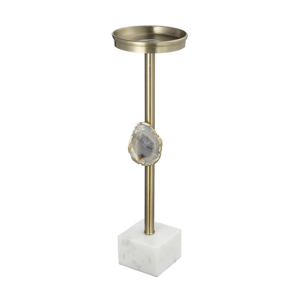 Pillar Candle Holder with Gold Stem, Embedded Agate Stone, 15 Inch White - BM350843