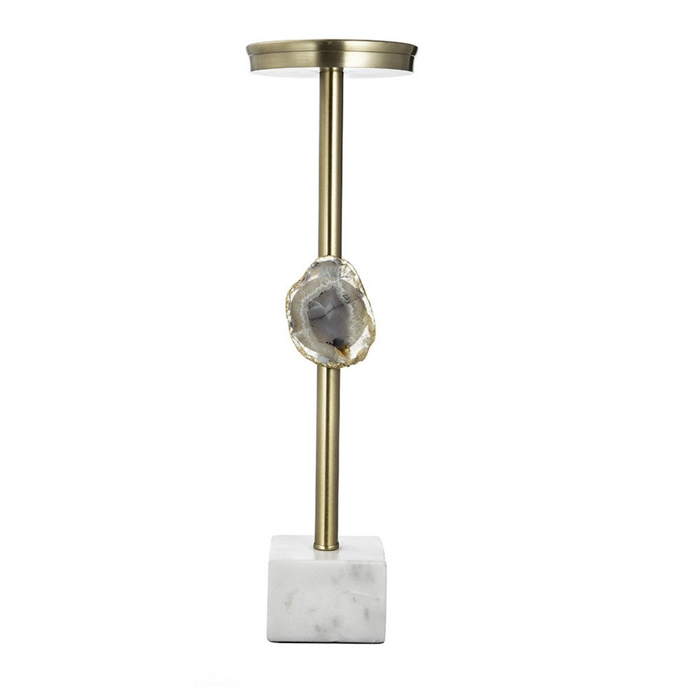 Pillar Candle Holder with Gold Stem, Embedded Agate Stone, 15 Inch White - BM350843