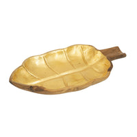 Decorative Leaf Shaped Platter with Stem Handle, 16 Inch Gold Teak Wood - BM350845