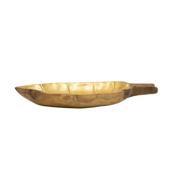 Decorative Leaf Shaped Platter with Stem Handle, 16 Inch Gold Teak Wood - BM350845