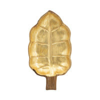 Decorative Leaf Shaped Platter with Stem Handle, 16 Inch Gold Teak Wood - BM350845
