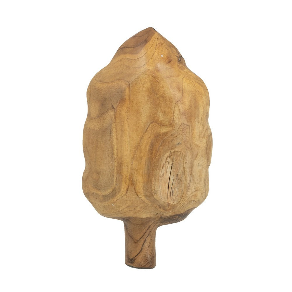 Decorative Leaf Shaped Platter with Stem Handle, 16 Inch Gold Teak Wood - BM350845