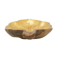 Decorative Leaf Shaped Platter with Stem Handle, 16 Inch Gold Teak Wood - BM350845