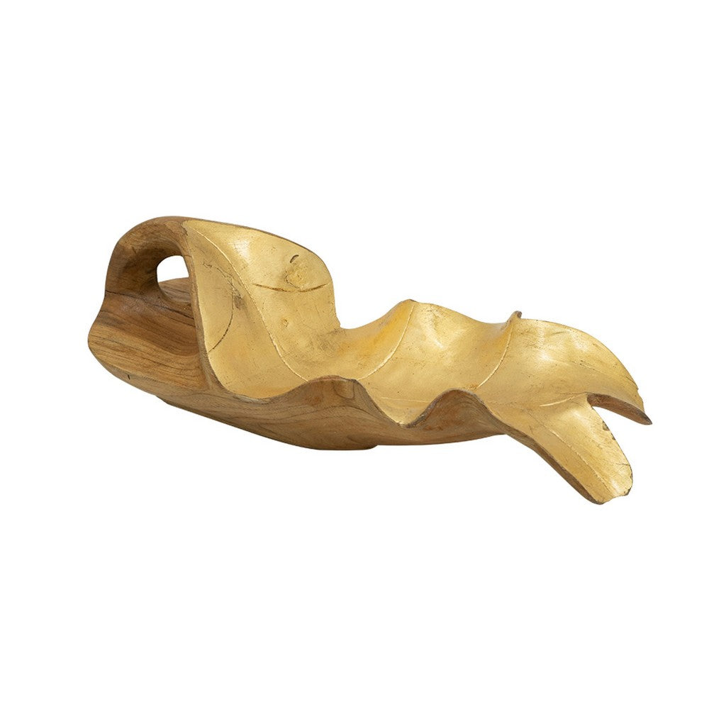 Decorative Sculpted Plate with Gold Foil Interior, 20 Inch Teak Wood - BM350846