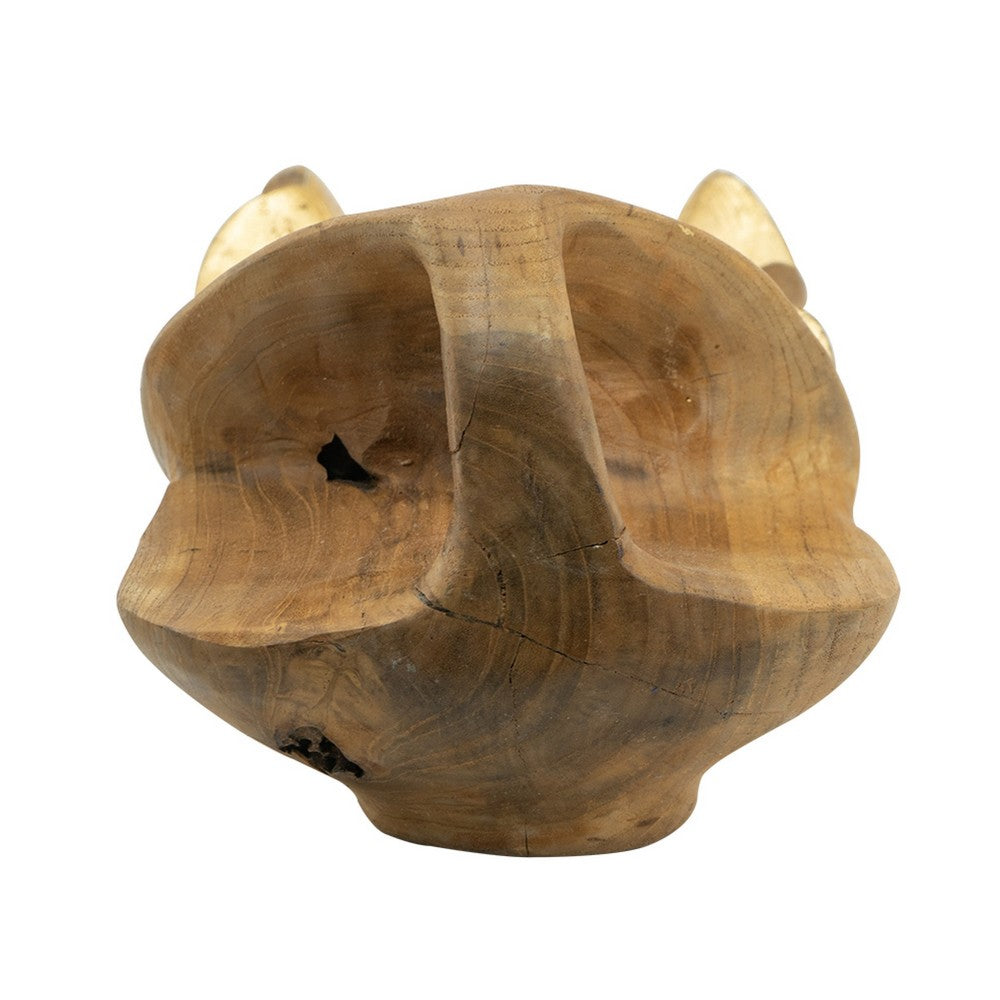 Decorative Sculpted Plate with Gold Foil Interior, 20 Inch Teak Wood - BM350846