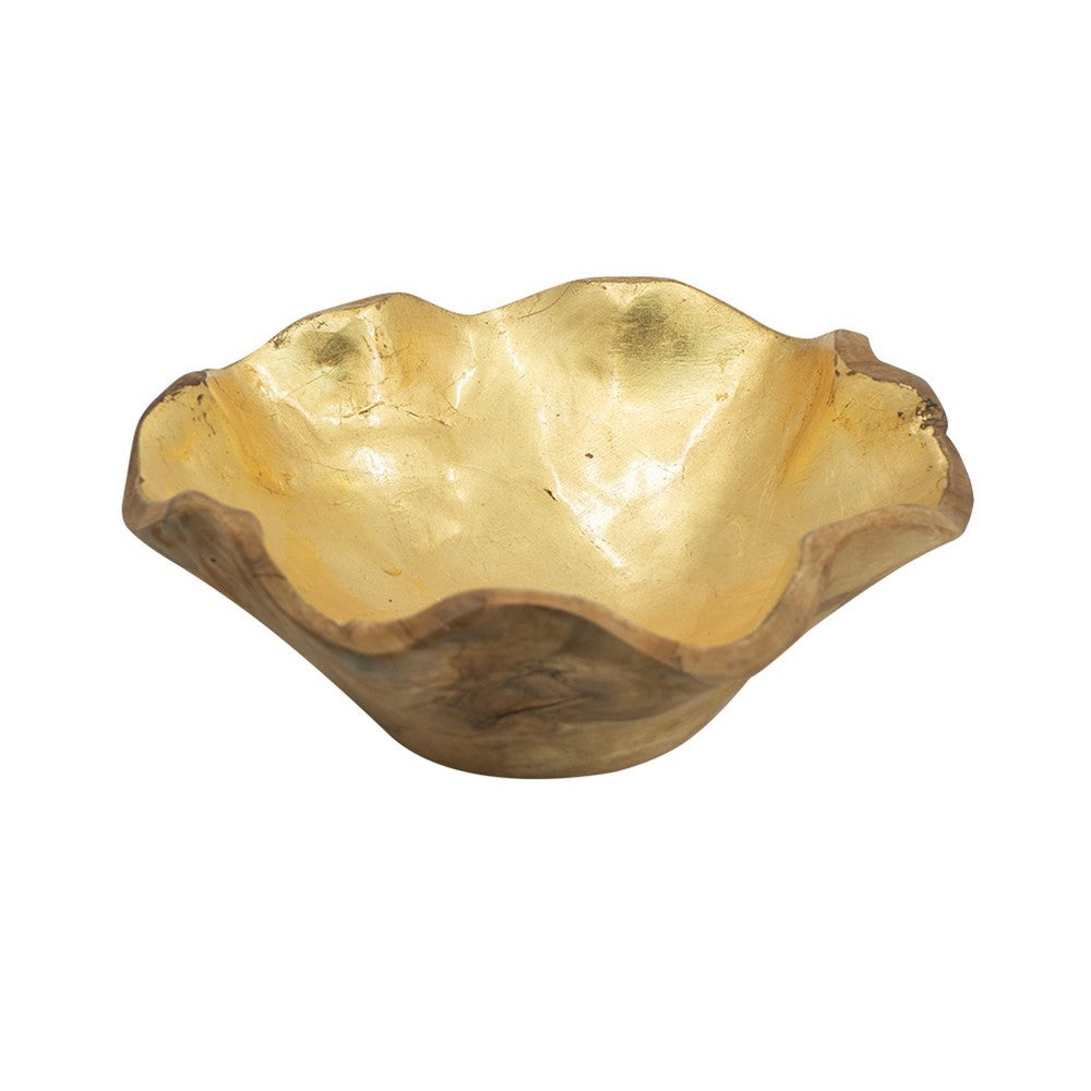 Decorative Organic Freeflow Ruffled Accent Bowl, 9 Inch Gold Teak Wood - BM350847