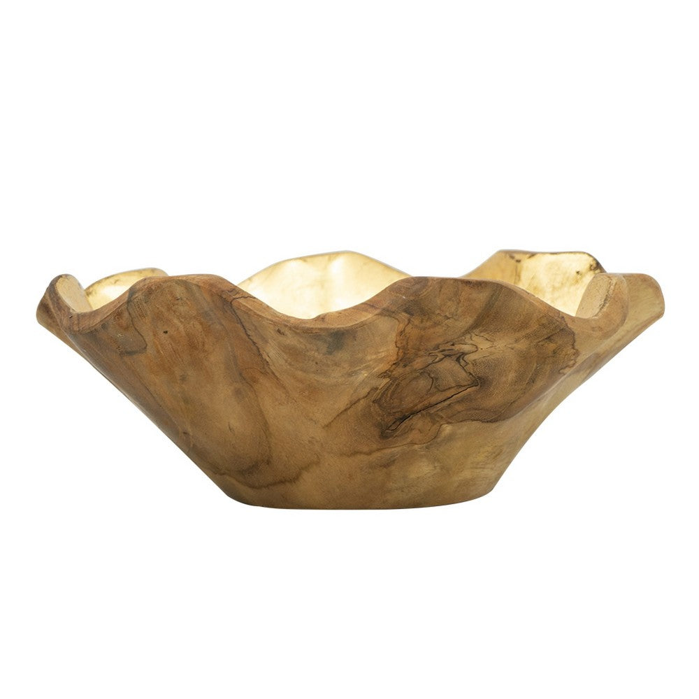 Decorative Organic Freeflow Ruffled Accent Bowl, 9 Inch Gold Teak Wood - BM350847