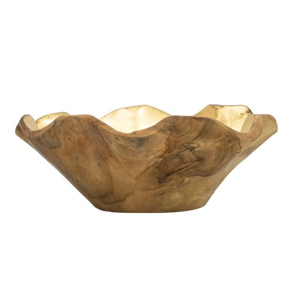 Decorative Organic Freeflow Ruffled Accent Bowl, 9 Inch Gold Teak Wood - BM350847