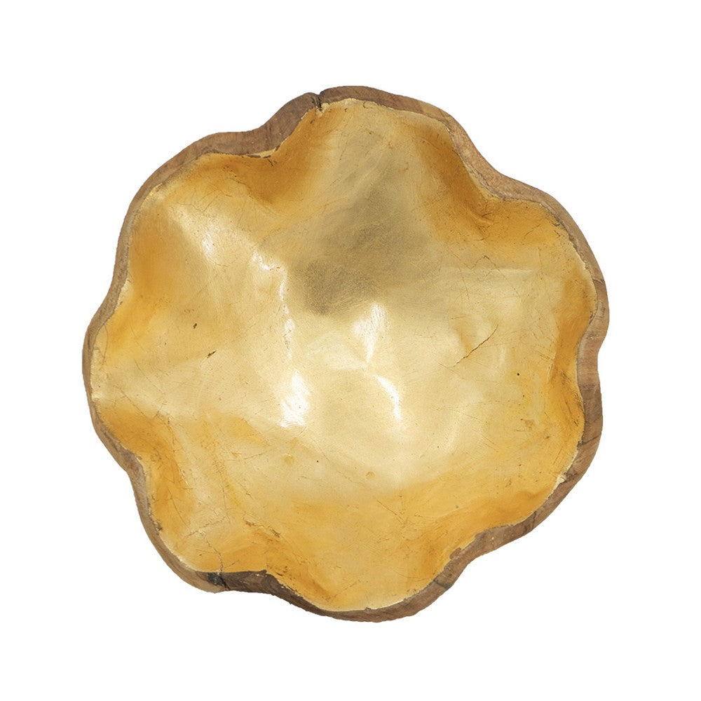 Decorative Organic Freeflow Ruffled Accent Bowl, 9 Inch Gold Teak Wood - BM350847