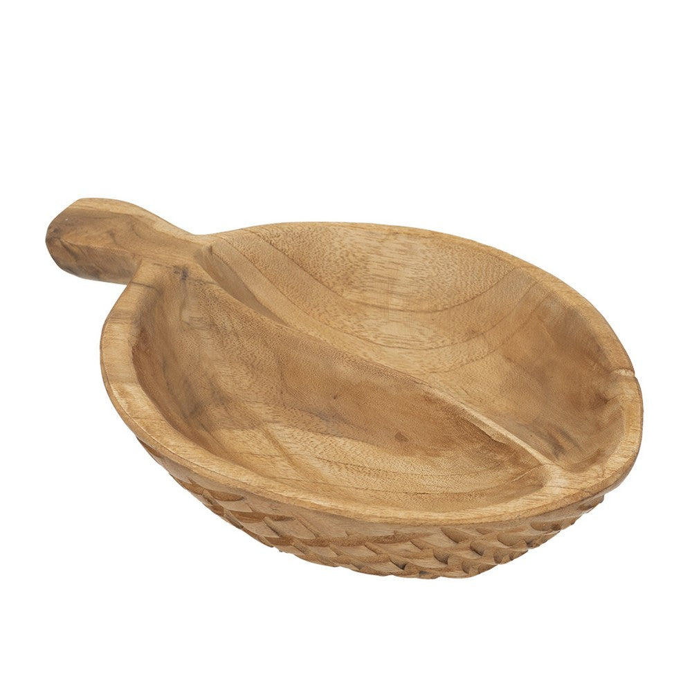 Decorative Bowl with Handle, 9 Inch Farmhouse Natural Brown Teak Wood - BM350848