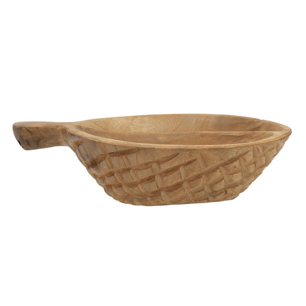 Decorative Bowl with Handle, 9 Inch Farmhouse Natural Brown Teak Wood - BM350848