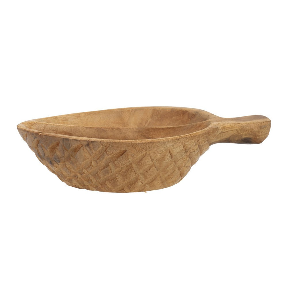 Decorative Bowl with Handle, 9 Inch Farmhouse Natural Brown Teak Wood - BM350848