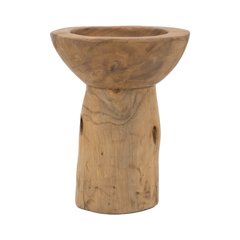 Decorative Candle Holder with Tree Stump Base, 8 Inch Brown Teak Wood - BM350849