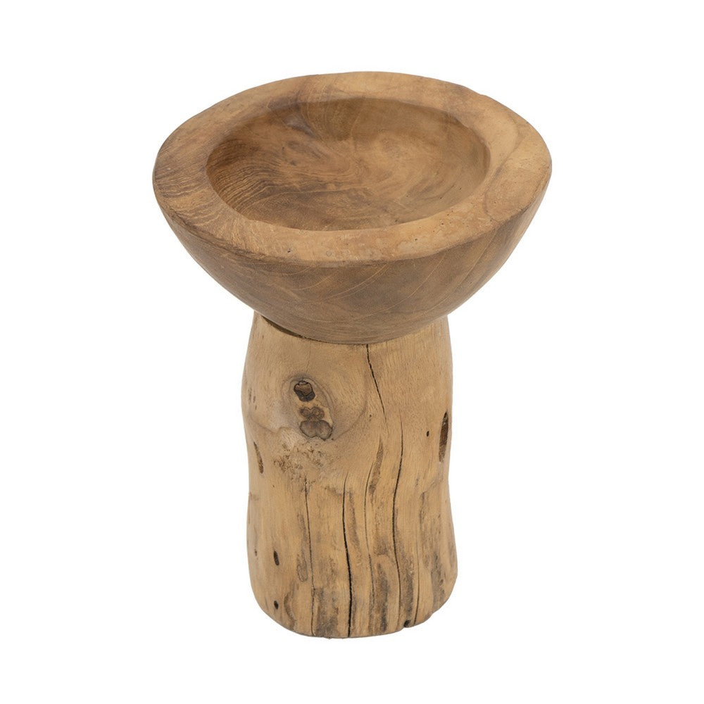 Decorative Candle Holder with Tree Stump Base, 8 Inch Brown Teak Wood - BM350849