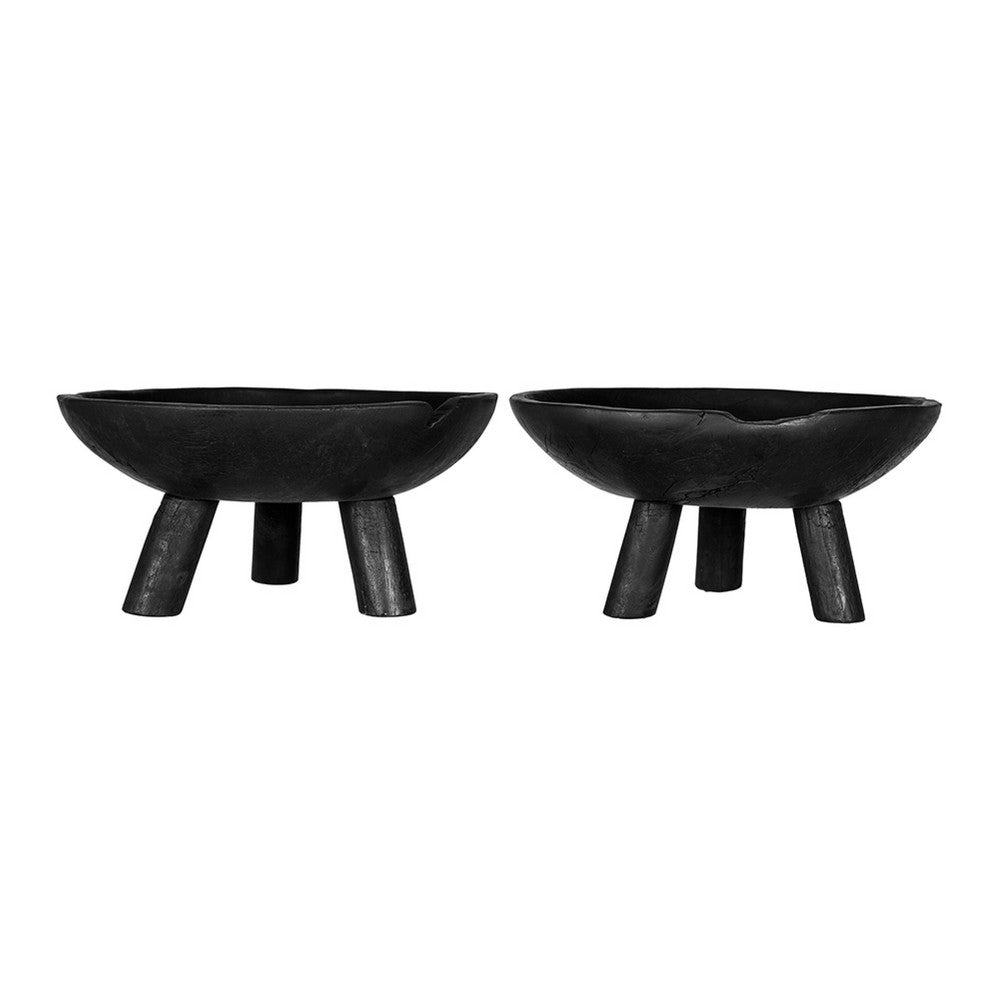 Decorative Footed Bowls Set of 2, Tripod Legs, Black Teak Wood, 12 Inch - BM350855