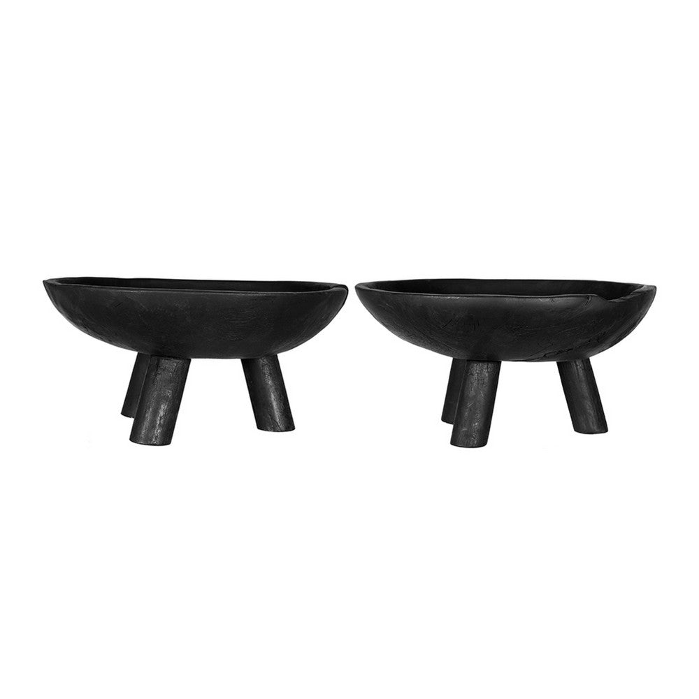 Decorative Footed Bowls Set of 2, Tripod Legs, Black Teak Wood, 12 Inch - BM350855