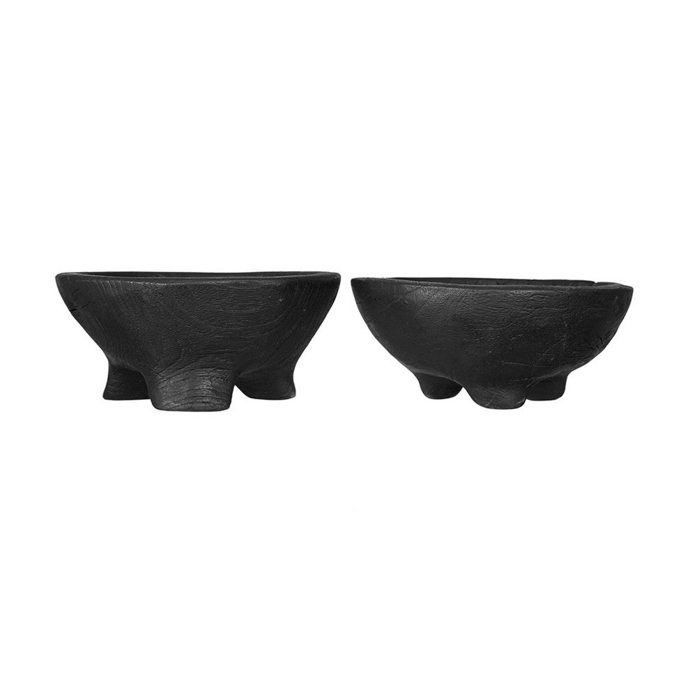 Decorative Footed Bowls Set of 2, Raised Edges, Black Teak Wood, 6 Inch - BM350856