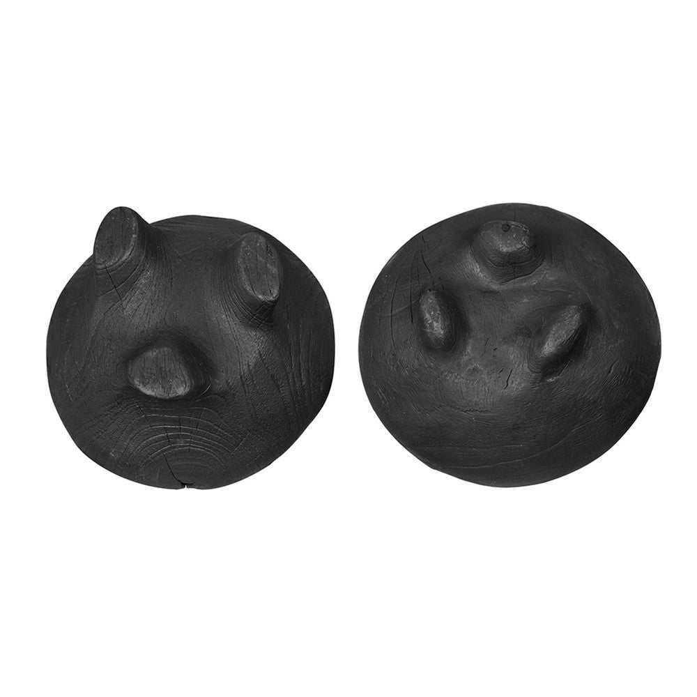 Decorative Footed Bowls Set of 2, Raised Edges, Black Teak Wood, 6 Inch - BM350856
