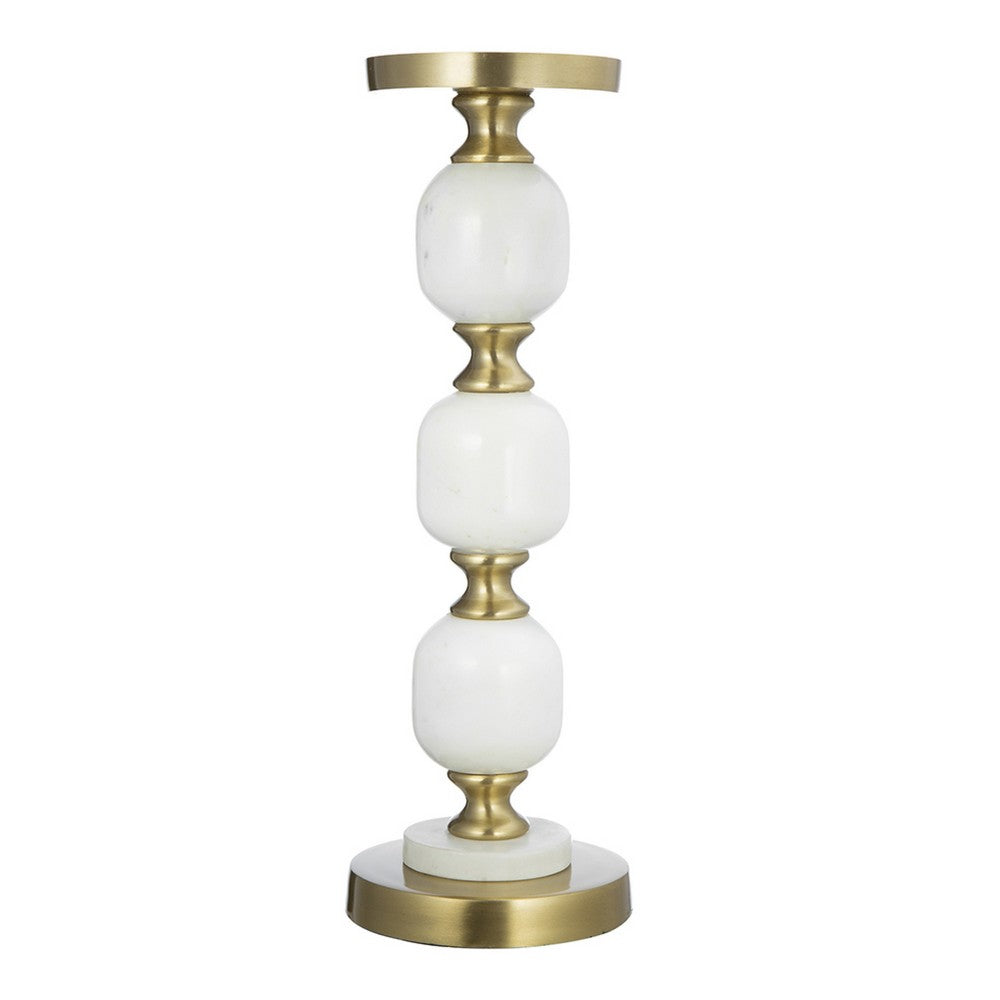 Kea Candle Holder, 3 White Marble Ball Spheres w Gold Accent, 15 Inch - BM350858