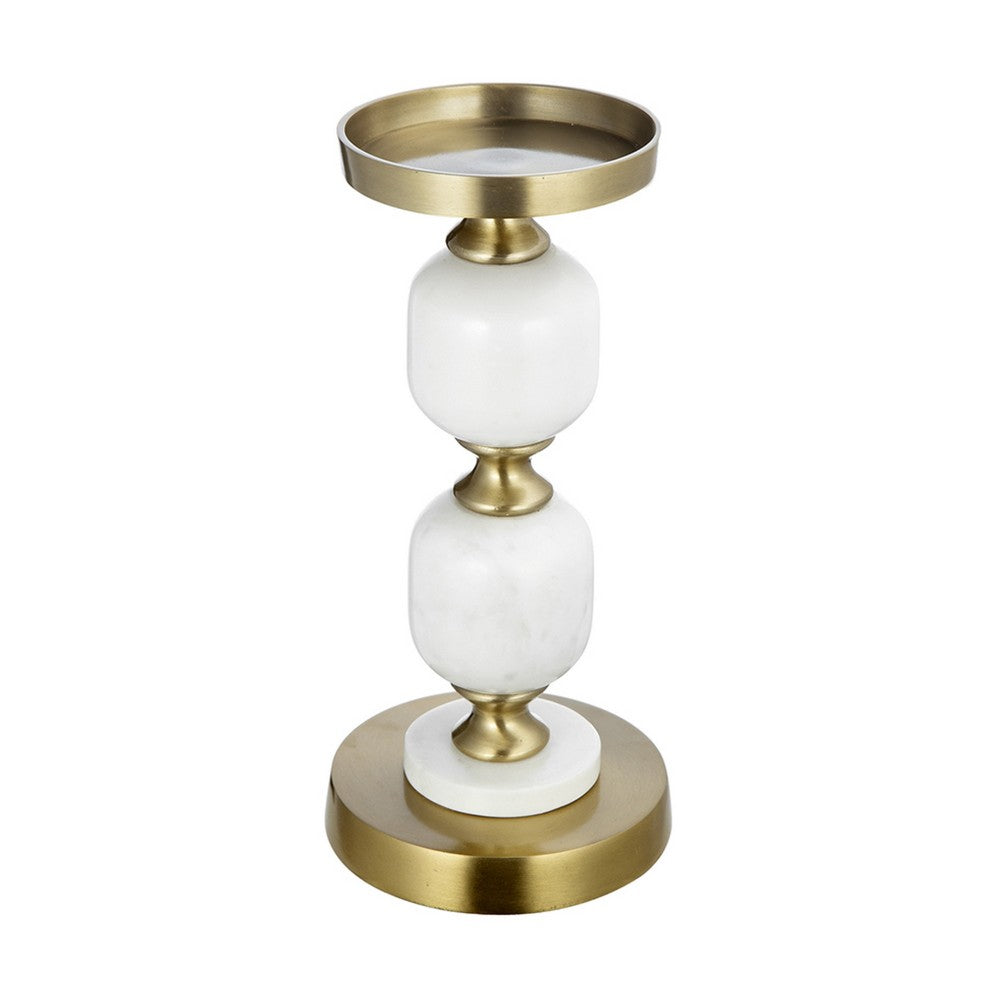 Kea Candle Holder, 2 White Marble Ball Spheres w Gold Accent, 11 Inch - BM350859