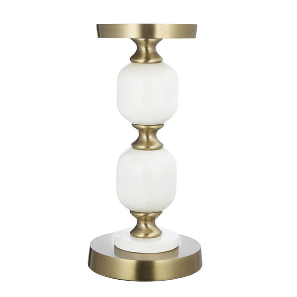 Kea Candle Holder, 2 White Marble Ball Spheres w Gold Accent, 11 Inch - BM350859
