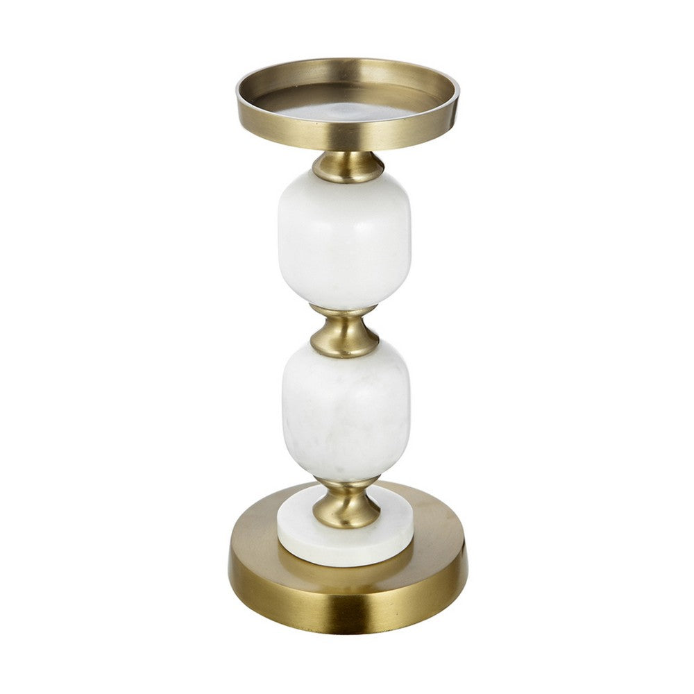 Kea Candle Holder, 2 White Marble Ball Spheres w Gold Accent, 11 Inch - BM350859