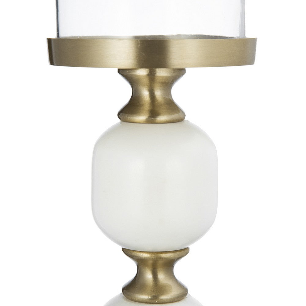 Kea Candle Holder, 2 White Marble Ball Spheres w Gold Accent, 11 Inch - BM350859