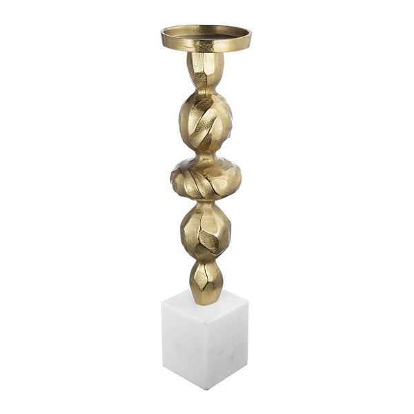 Doz Candle Holder, White Marble Base, 19 Inch Gold Sphere Balls Stem - BM350860