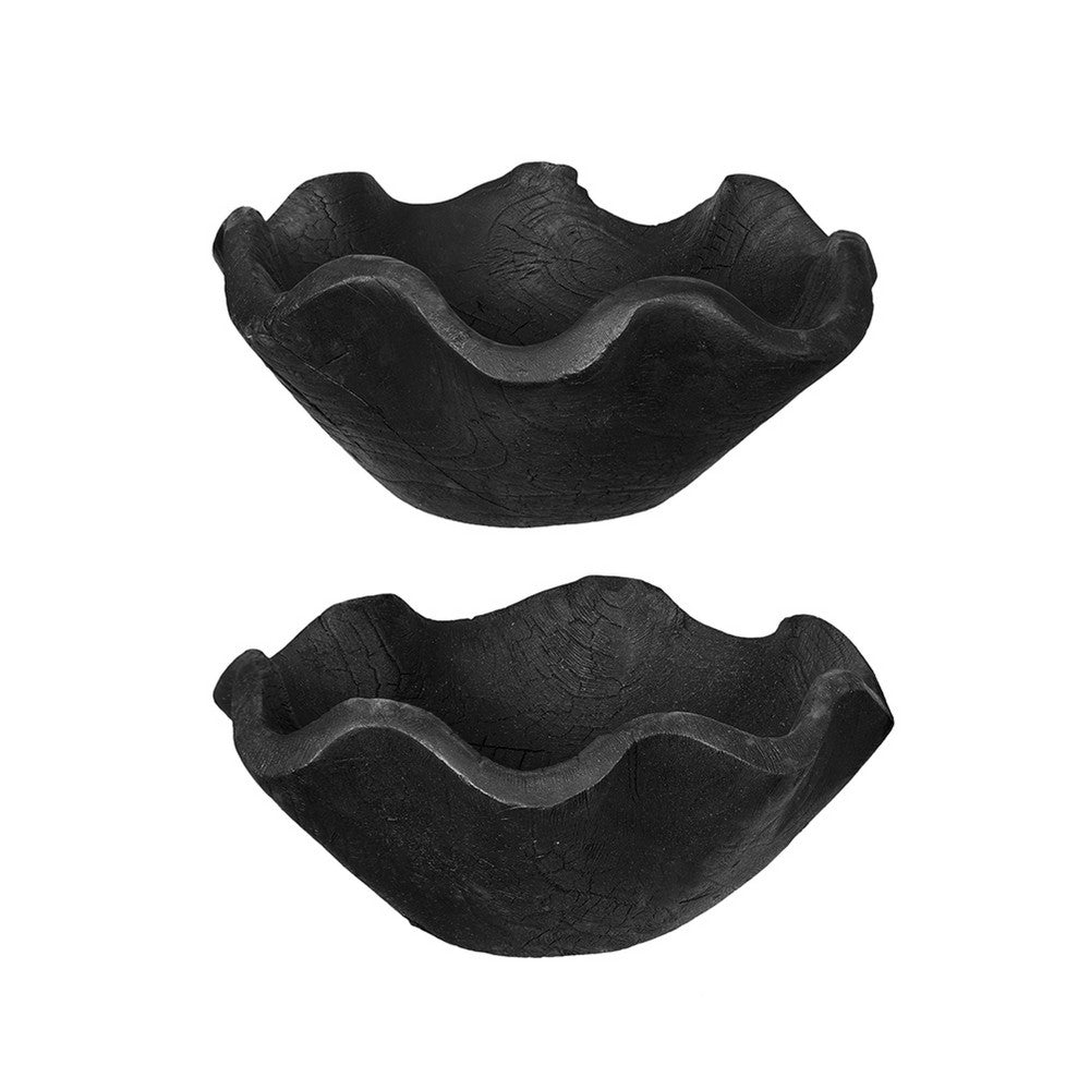 Decorative Bowls Set of 2, Organic Ruffled Edges, Rich Black Teak Wood - BM350866