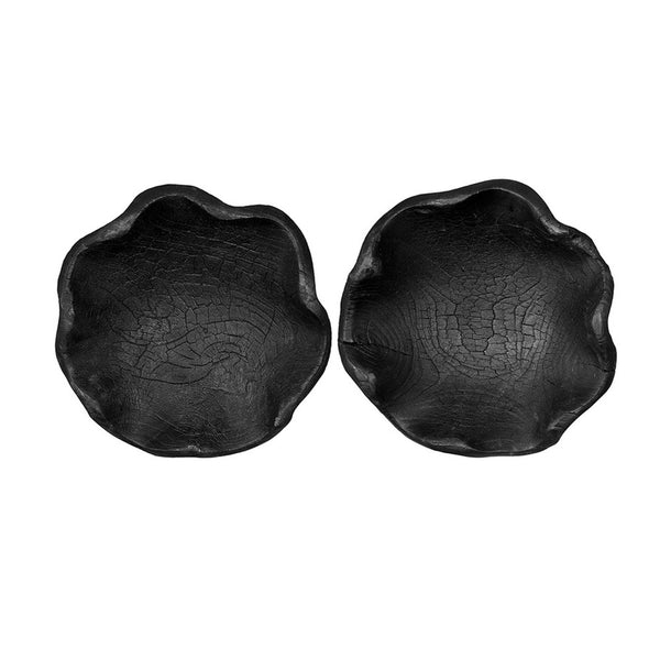 Decorative Bowls Set of 2, Organic Ruffled Edges, Rich Black Teak Wood - BM350866