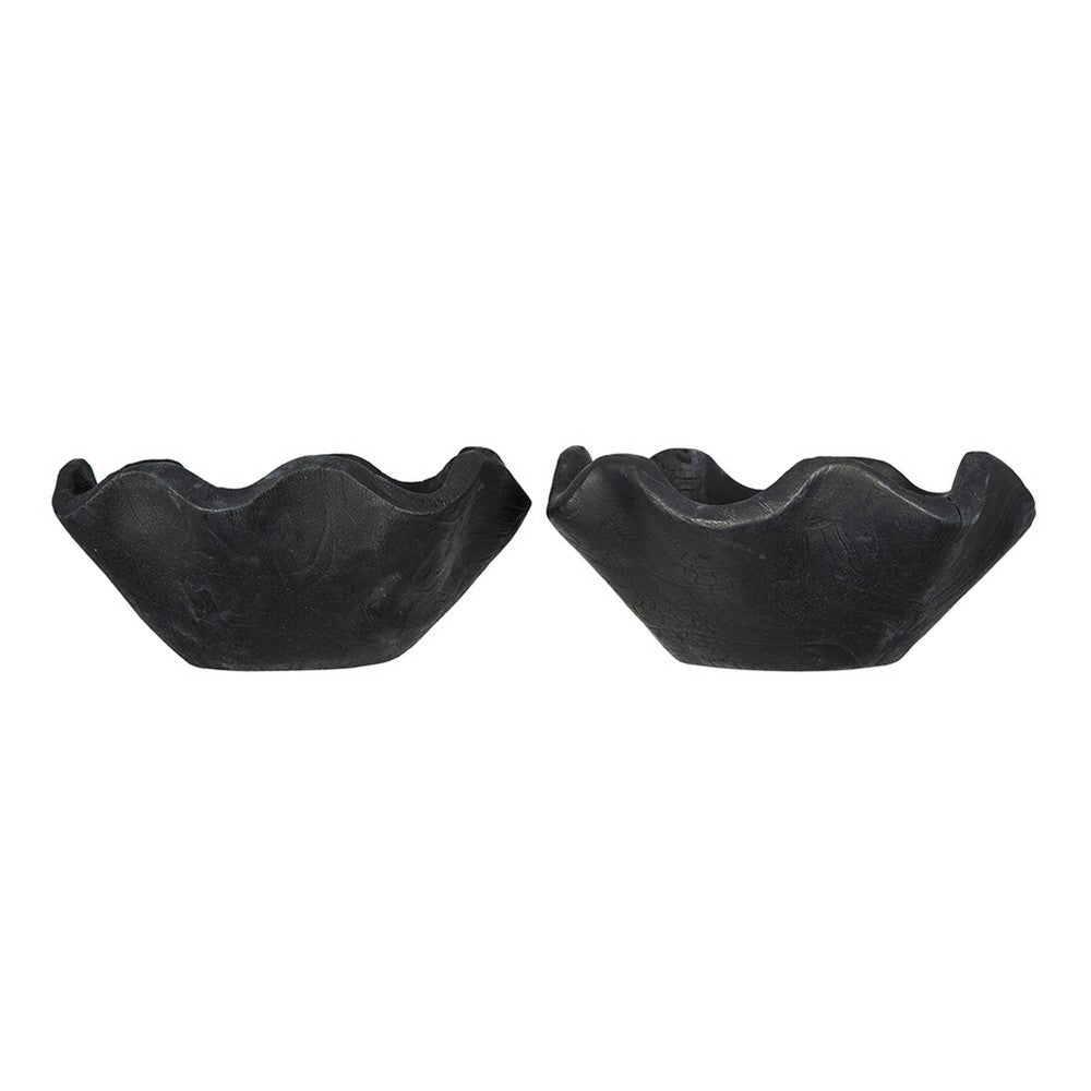 Decorative Bowls Set of 2, Organic Ruffled Edges, Rich Black Teak Wood - BM350866