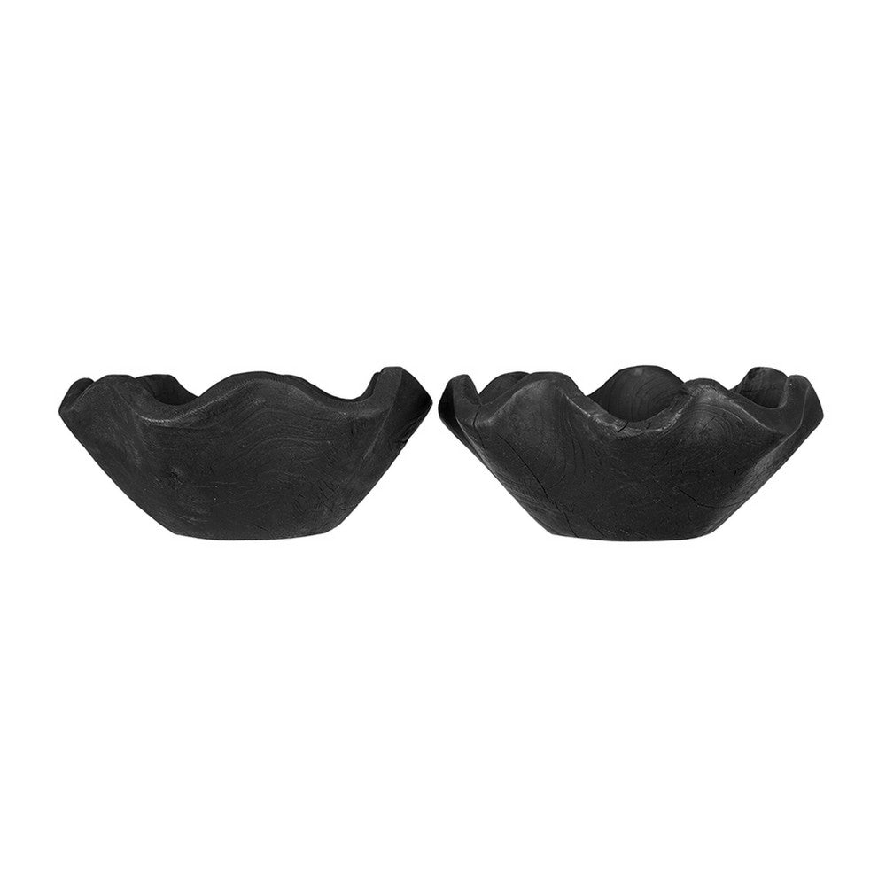 Decorative Bowls Set of 2, Organic Ruffled Edges, Rich Black Teak Wood - BM350866
