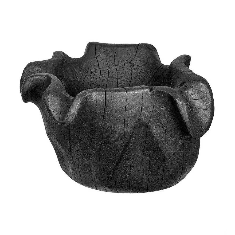 Decorative Bowl, Organic Ruffled Raised Edges, 14 Inch Black Teak Wood - BM350867