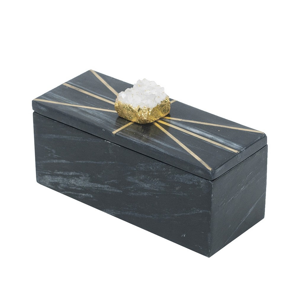 Decorative Storage Box with Gold Crystal Handle, 8 Inch Black Marble - BM350873