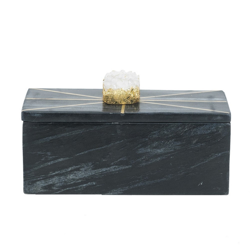 Decorative Storage Box with Gold Crystal Handle, 8 Inch Black Marble - BM350873