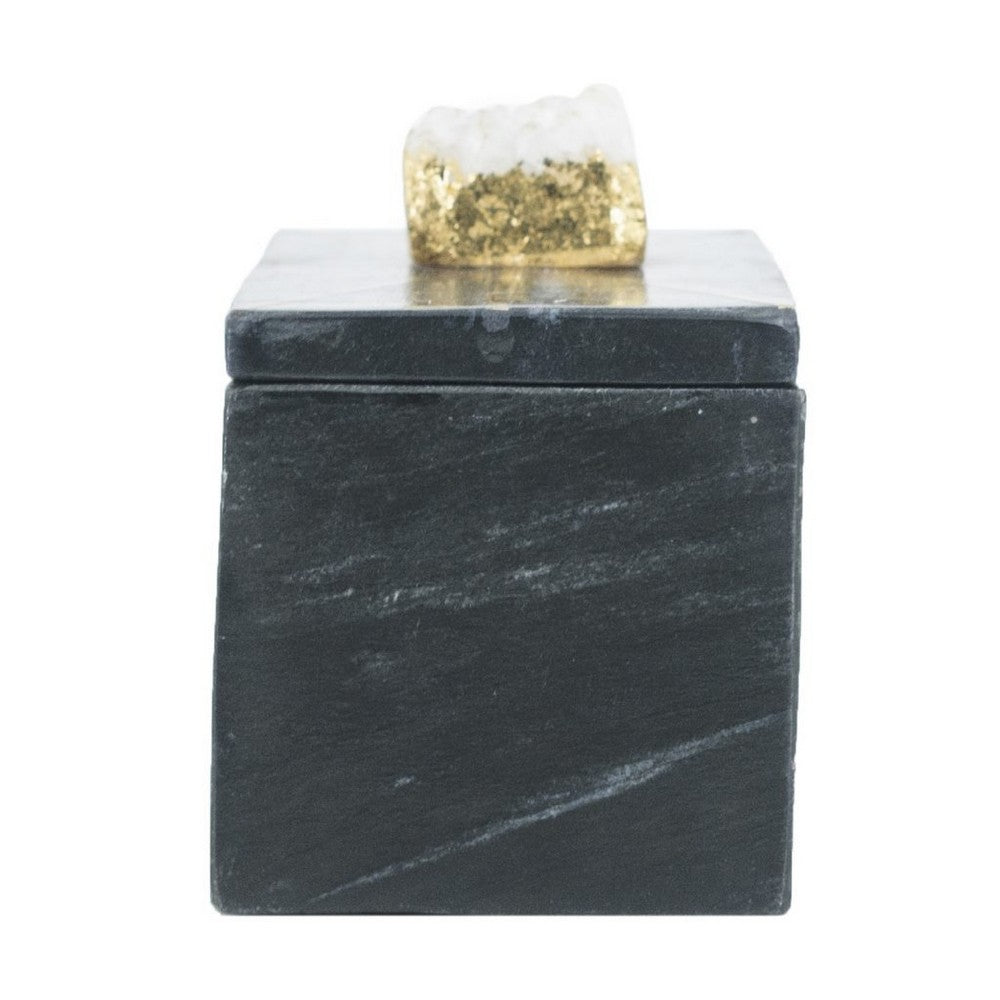 Decorative Storage Box with Gold Crystal Handle, 8 Inch Black Marble - BM350873