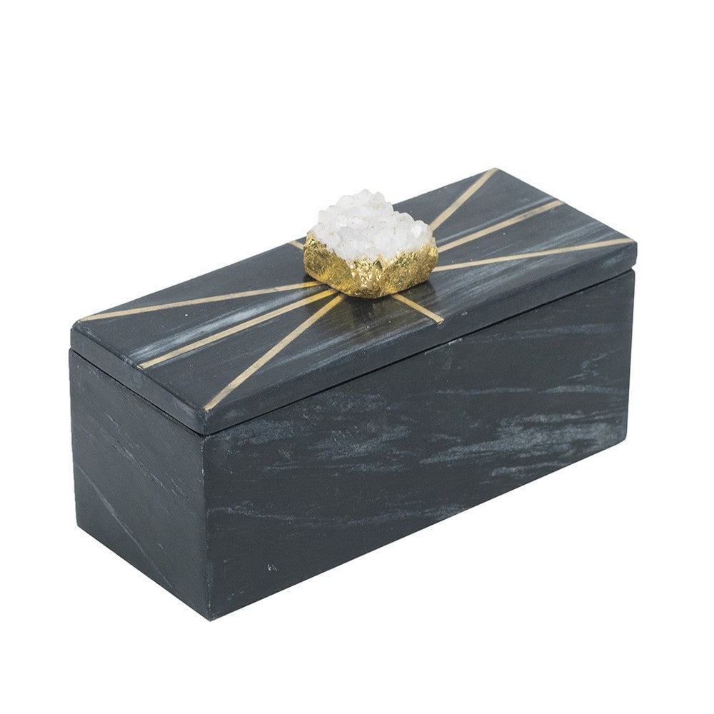 Decorative Storage Box with Gold Crystal Handle, 8 Inch Black Marble - BM350873
