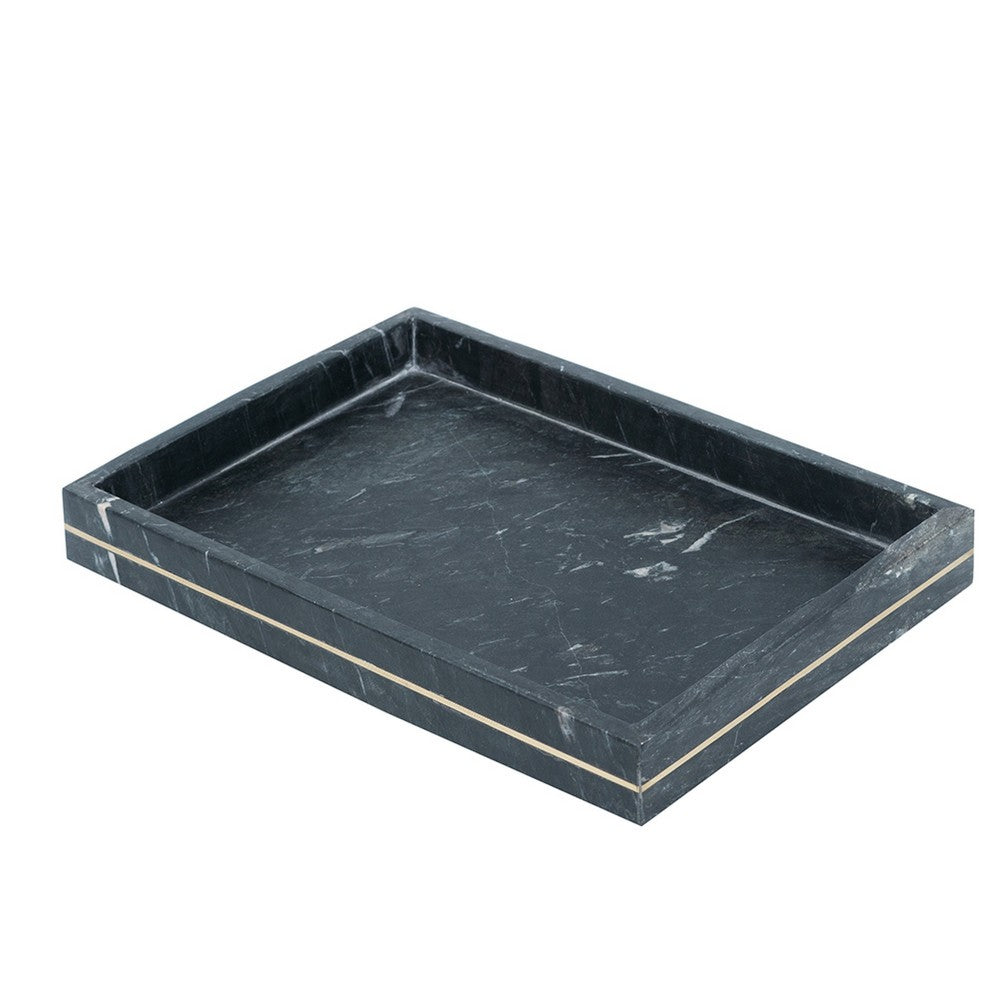 Decorative Tray with Gold Inlay, Raised Edges, 14 Inch Black Marble - BM350874