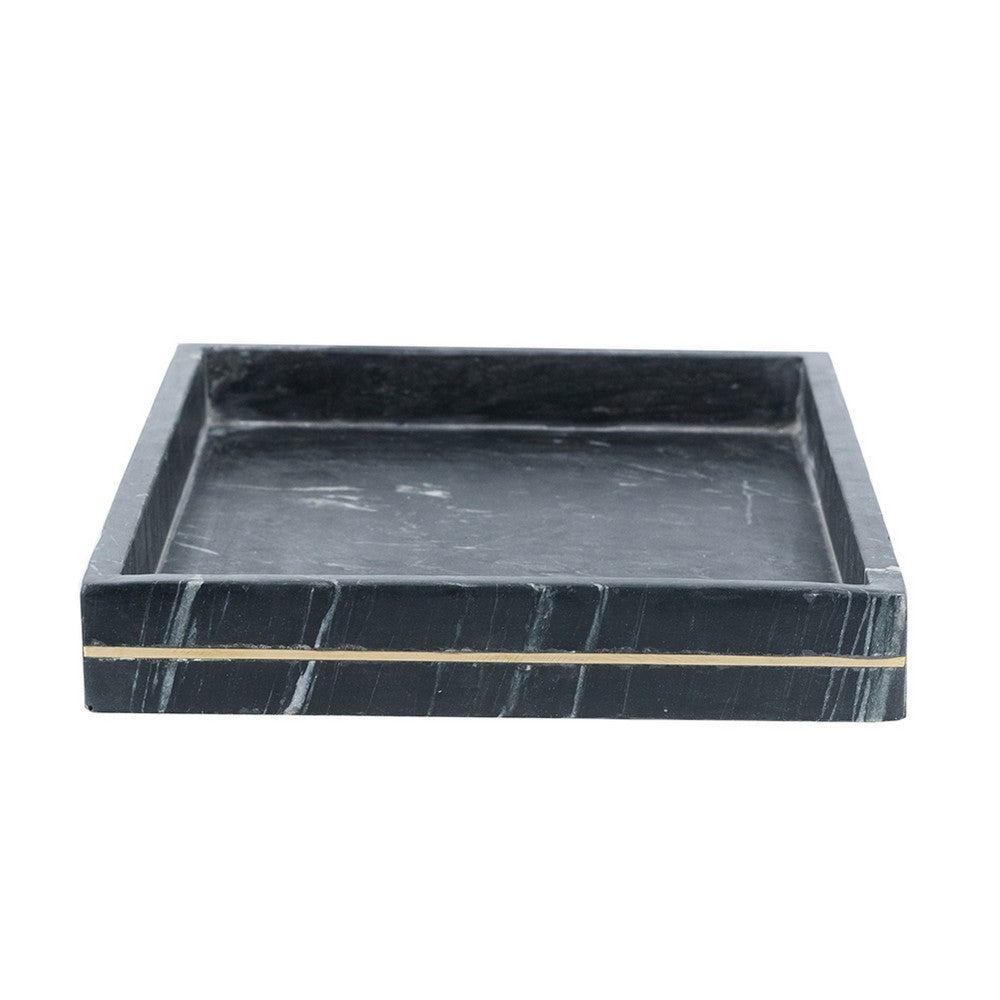 Decorative Tray with Gold Inlay, Raised Edges, 14 Inch Black Marble - BM350874