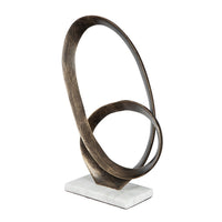 Twined Abstract Ring Sculpture, White Marble Base, 16 Inch Dark Gold - BM350875