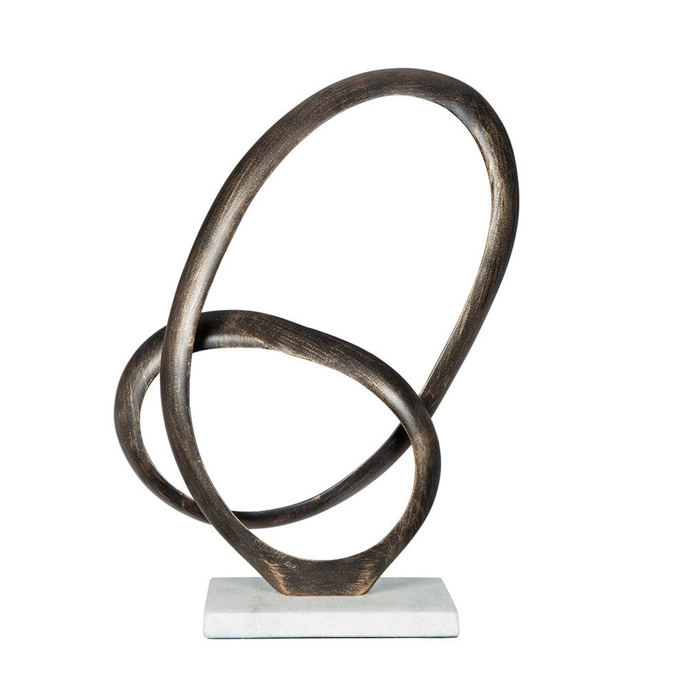 Twined Abstract Ring Sculpture, White Marble Base, 16 Inch Dark Gold - BM350875