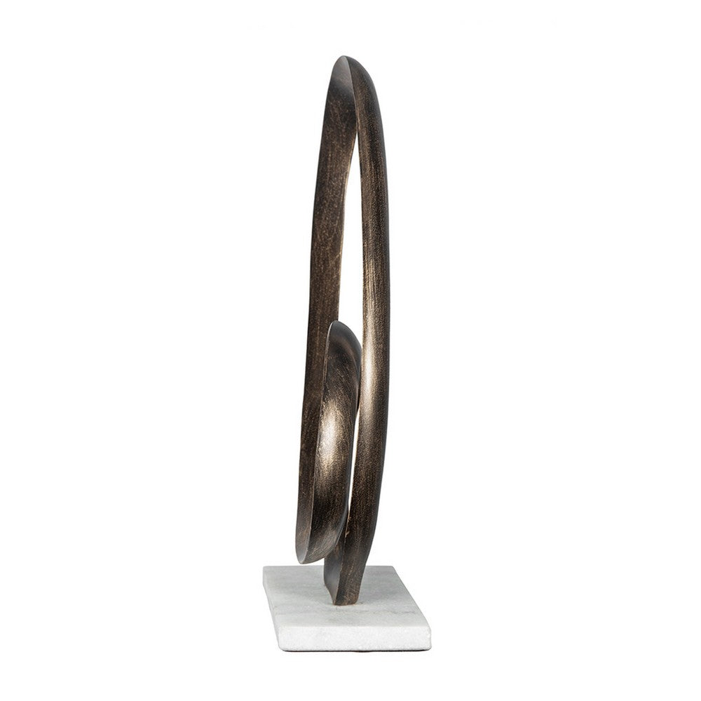 Twined Abstract Ring Sculpture, White Marble Base, 16 Inch Dark Gold - BM350875