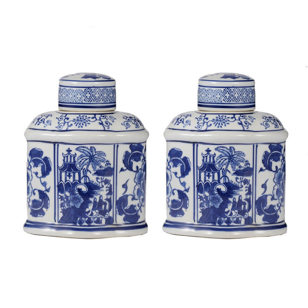 Decorative Lidded Jars Set of 2, Classic White Blue Chinoiserie Art - BM350878
