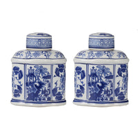 Decorative Lidded Jars Set of 2, Classic White Blue Chinoiserie Art - BM350878