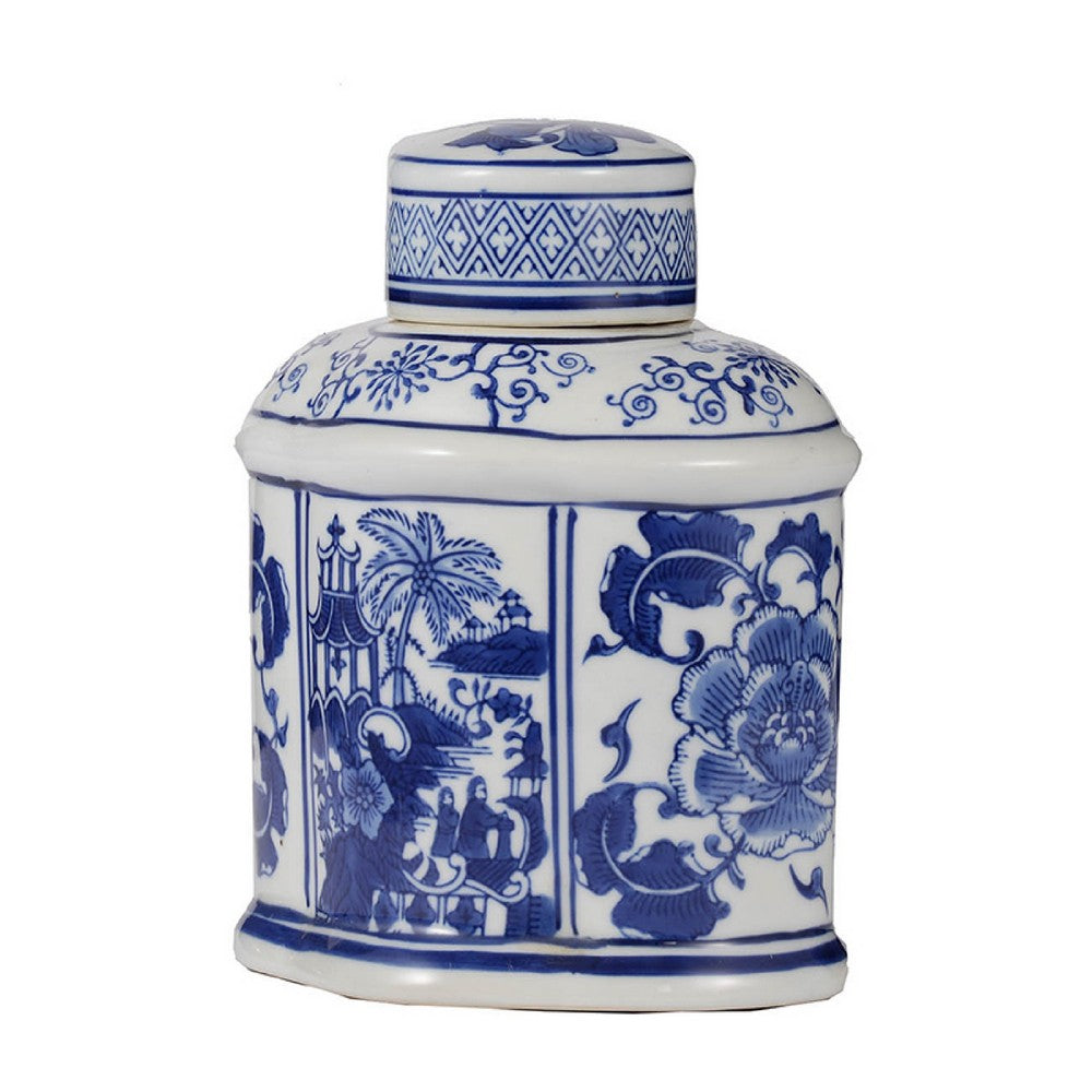 Decorative Lidded Jars Set of 2, Classic White Blue Chinoiserie Art - BM350878