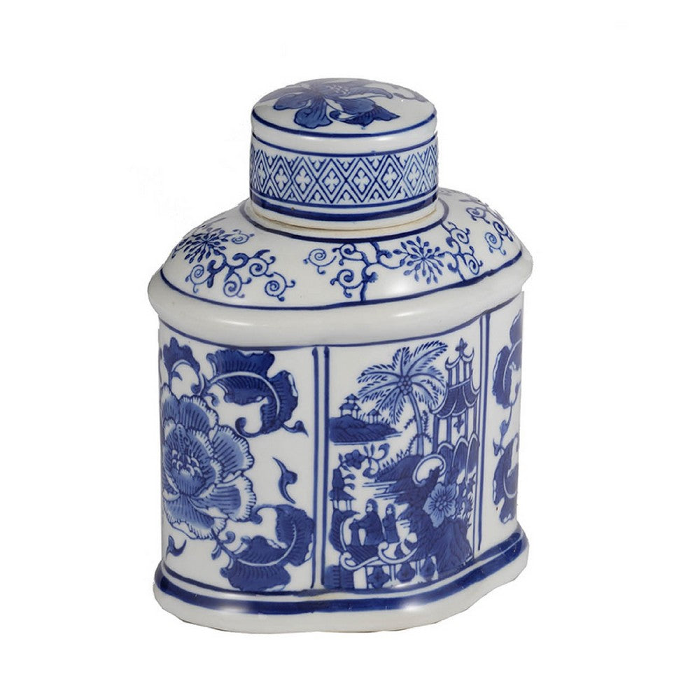 Decorative Lidded Jars Set of 2, Classic White Blue Chinoiserie Art - BM350878