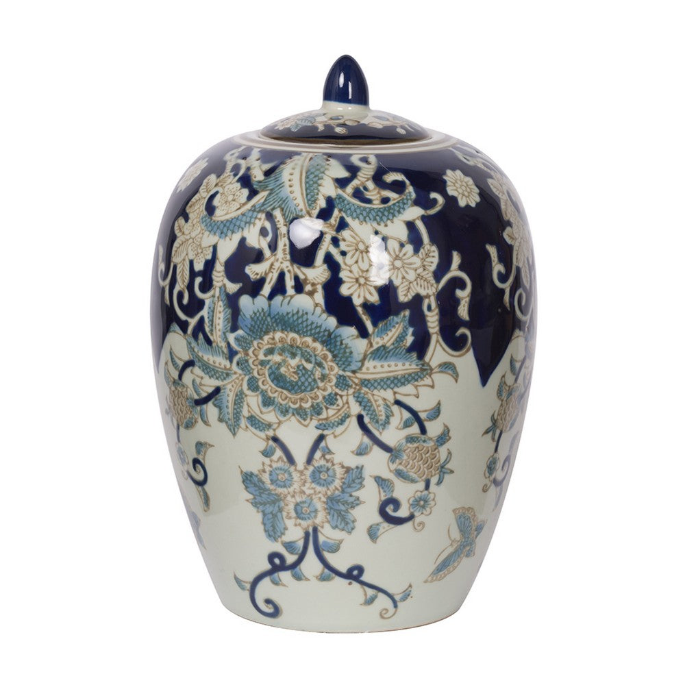 Botanical Ginger Jar with Lid, Blue White Floral Motifs, 11 Inch - BM350879